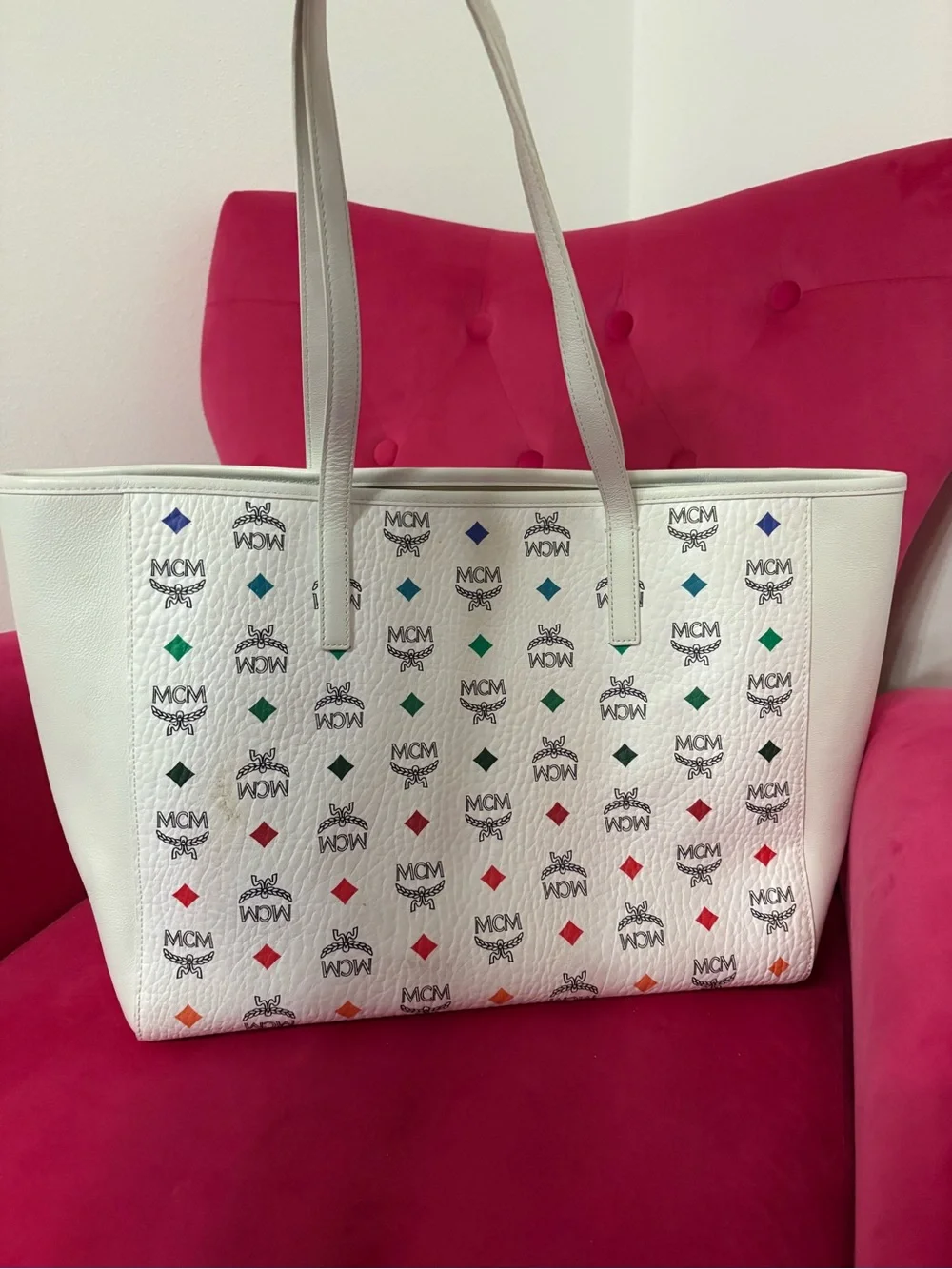 MCM White Tote with Multicolor Logo Diamonds